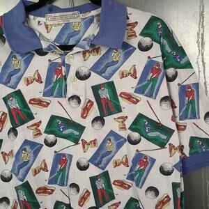 John Ashford Golf Vintage 90s AOP Graphic Polo Shirt Collar Large Cotton Outdoor